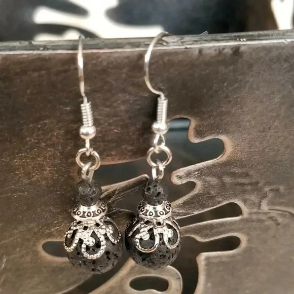 Handmade Volcanic Lava Victorian Lace Art Nouveau Gemstone Bead Drop Earrings - Picture 1 of 6